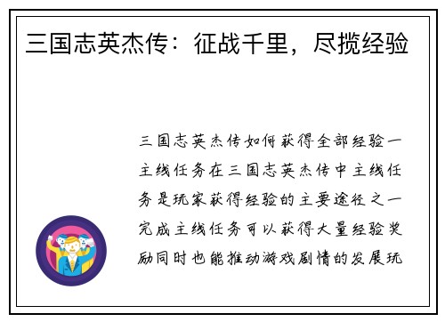 三国志英杰传：征战千里，尽揽经验